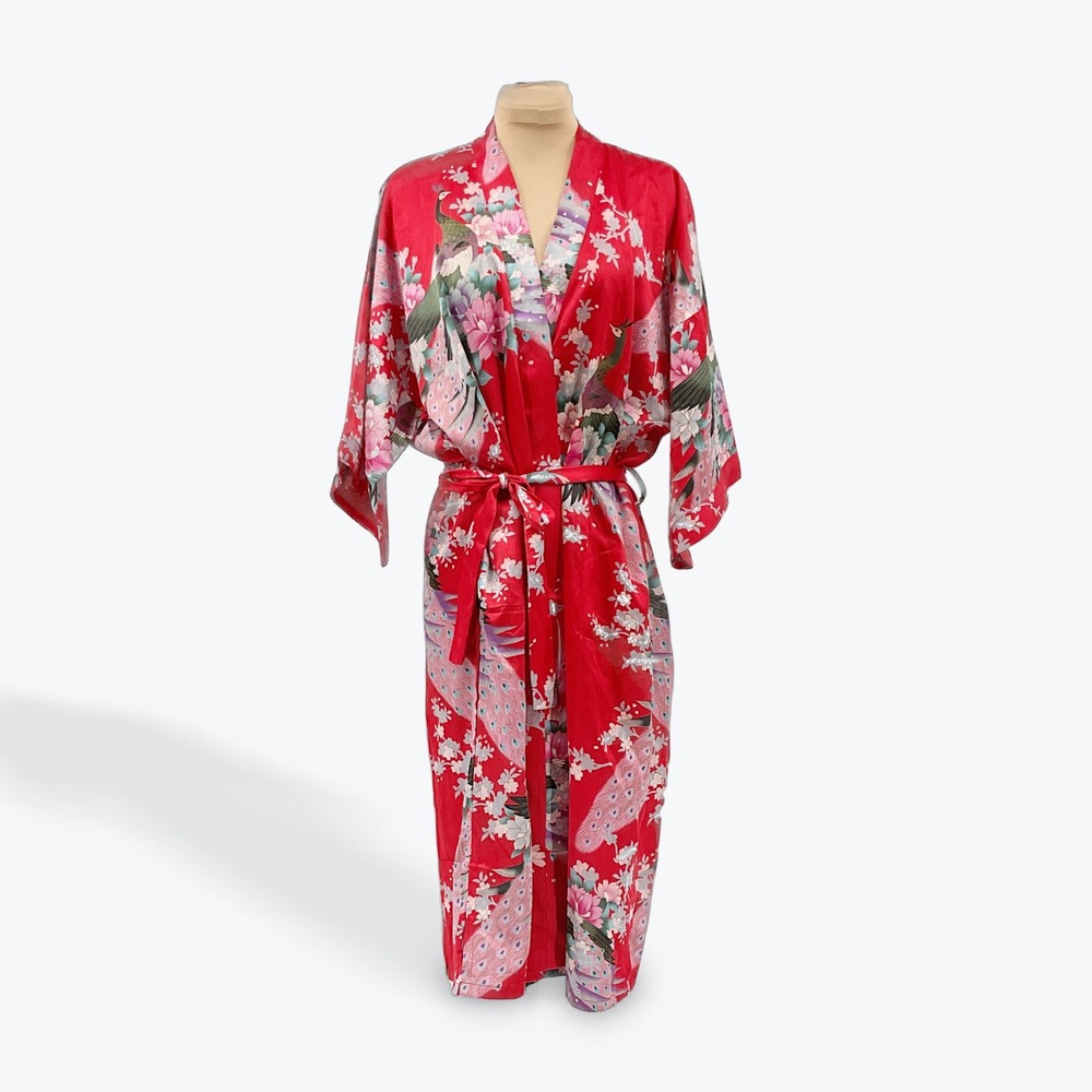 VINTAGE Oriental‎ Village Silk Kimono Robe Red Peacock Floral Asian Bohemian